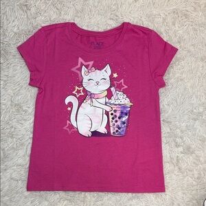 The Children's Place XS Hot Pink Cat & Bubble Tea Graphic Tee New